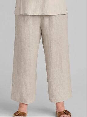 FLAX Linen Ankle Pants Medium Pull on Pockets Tan Coastal Lagenlook
